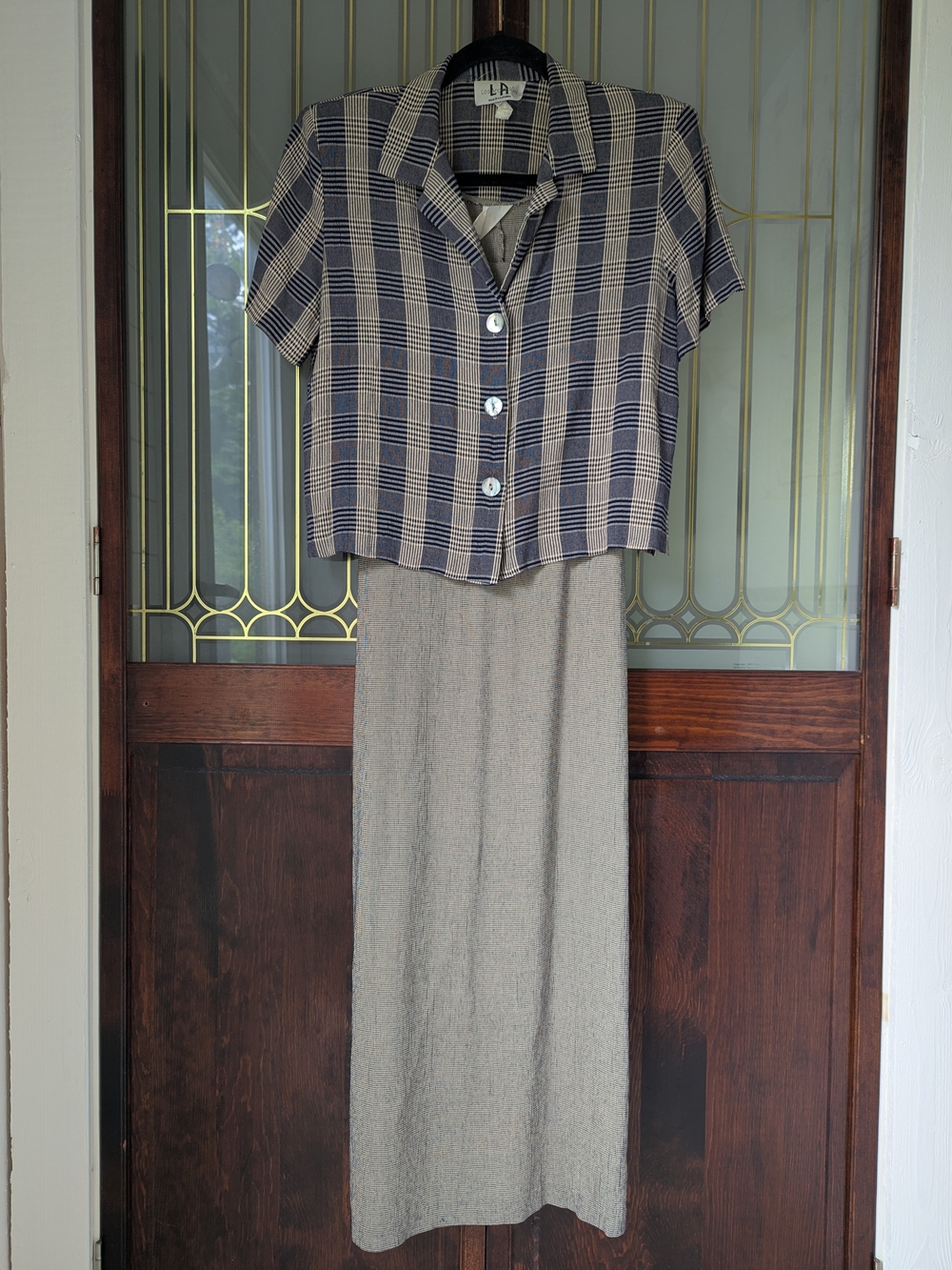 Vintage 90s Plaid Cropped Button Shirt & Matching Midi Dress Set — Navy & Taupe